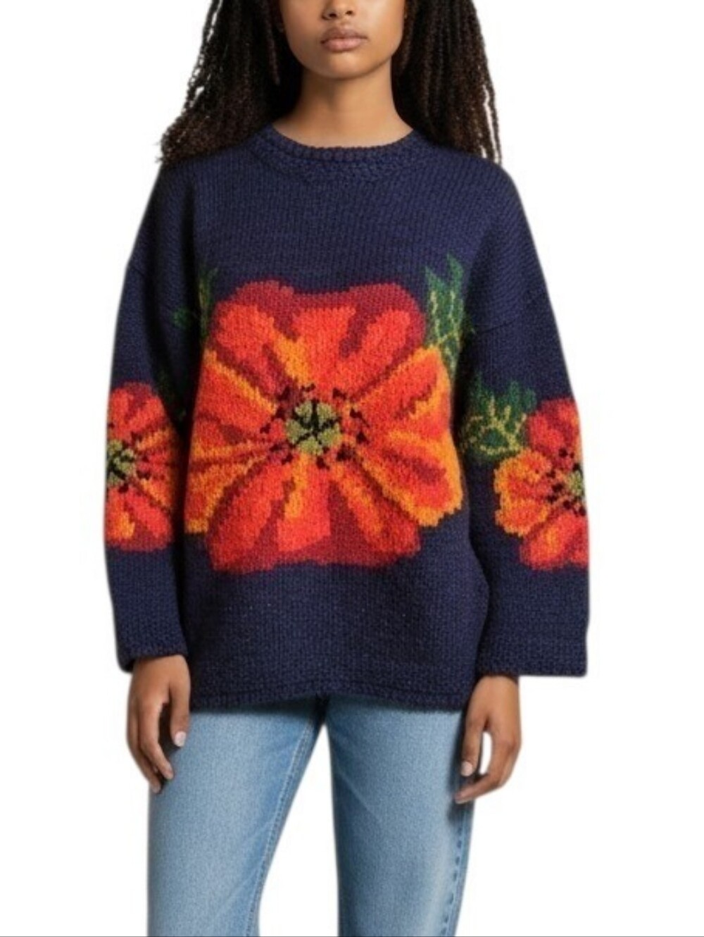 J. McLaughlin Chunky 100% Wool Crewneck Sweater Floral Knit Pullover M/L